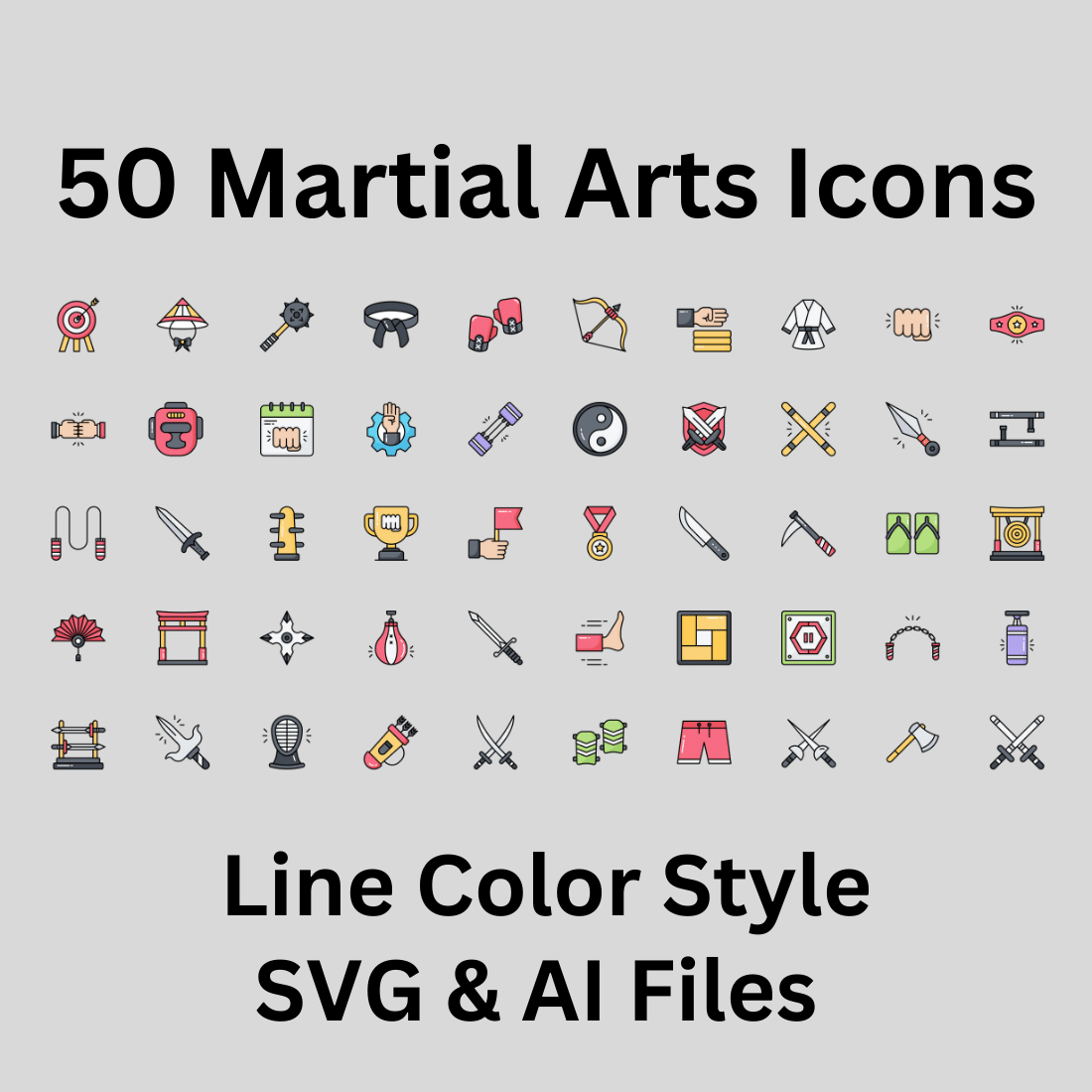 Martial Arts Icon Set 50 Line Color Icons - SVG And AI Files preview image.