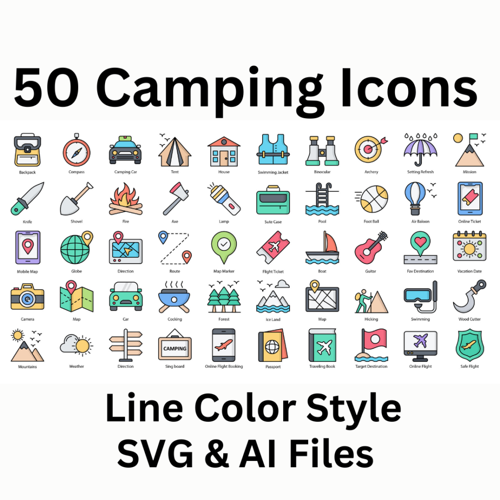 Camping Icon Set 50 Line Color Icons – SVG And AI Files - MasterBundles