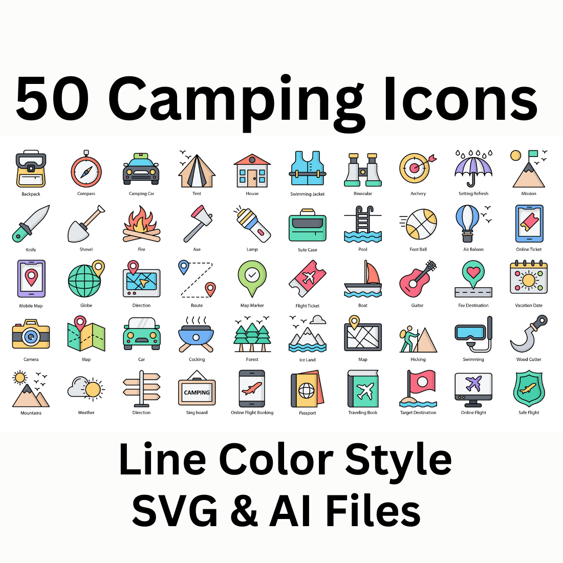 Camping Icon Set 50 Line Color Icons – SVG And AI Files preview image.