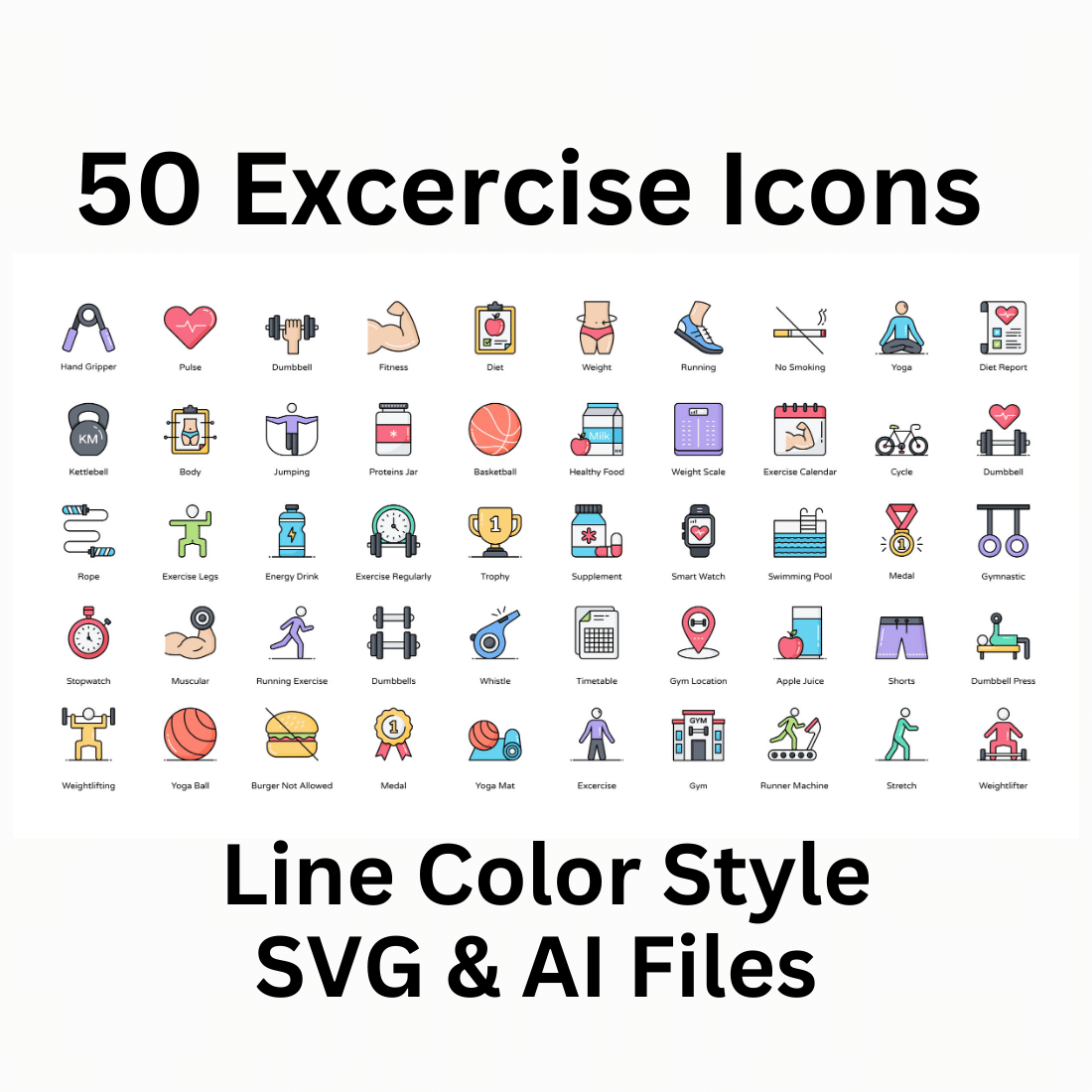 Exercise Icon Set 50 Line Color Icons - SVG And AI Files preview image.
