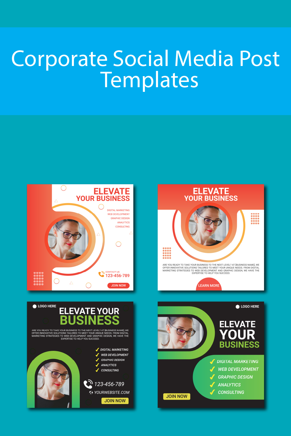 Corporate social media post templates pinterest preview image.