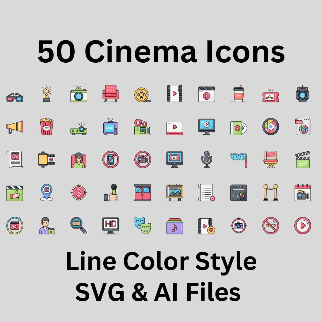 Cinema Icon Set 50 Outline Icons - SVG And AI Files preview image.