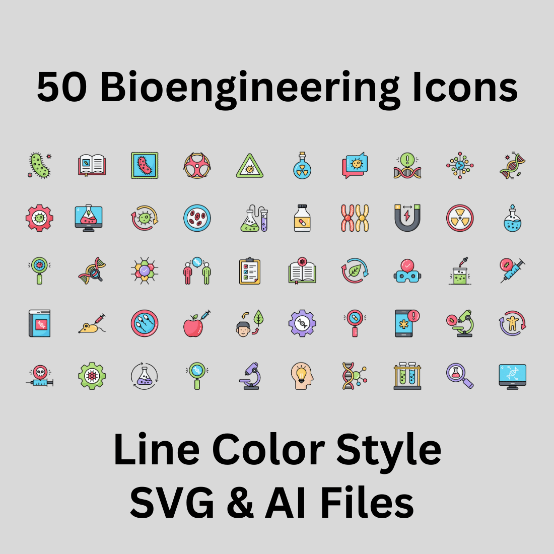 Bioengineering Icon Set 50 Line Color Icons - SVG And AI Files preview image.