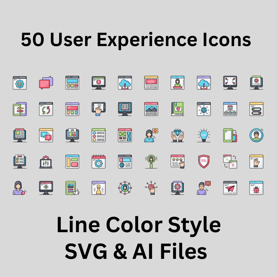 User Experience Icon Set 50 Line Color Icons - SVG And AI Files preview image.
