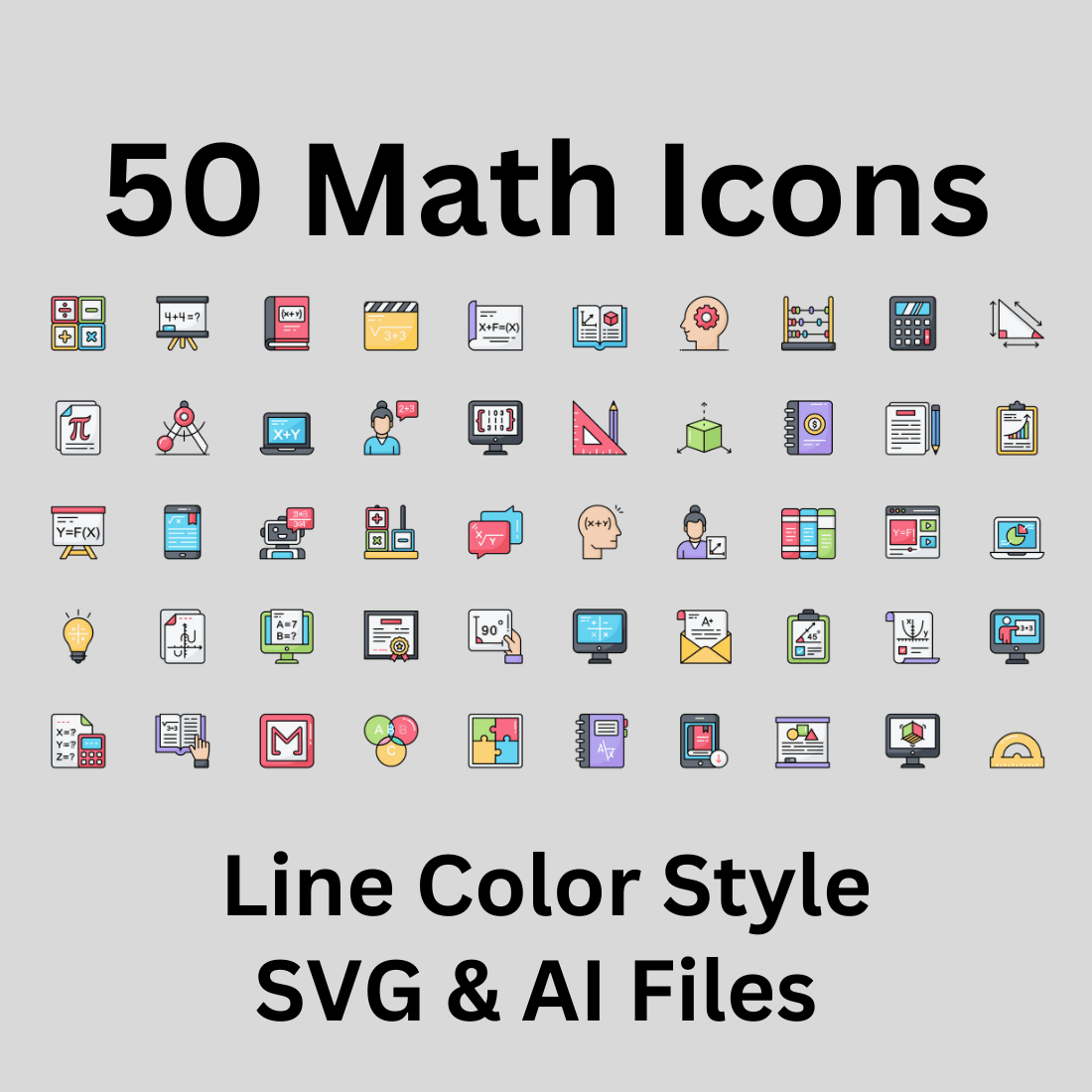 Math Icon Set 50 Line Color Icons - SVG And AI Files preview image.