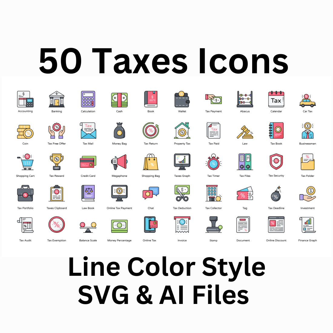 Taxes Icon Set 50 Line Color Finance Icons - SVG And AI Files preview image.