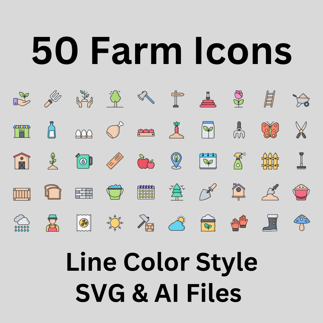 Farm Icon Set 50 Line Color Icons - SVG And AI Files preview image.