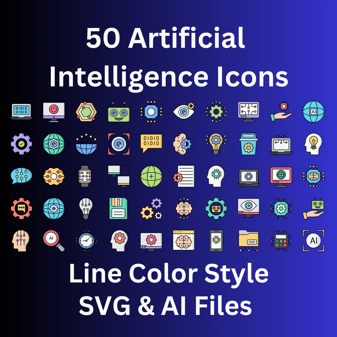 Artificial Intelligence Icon Set 50 Line Color Icons - SVG And AI preview image.