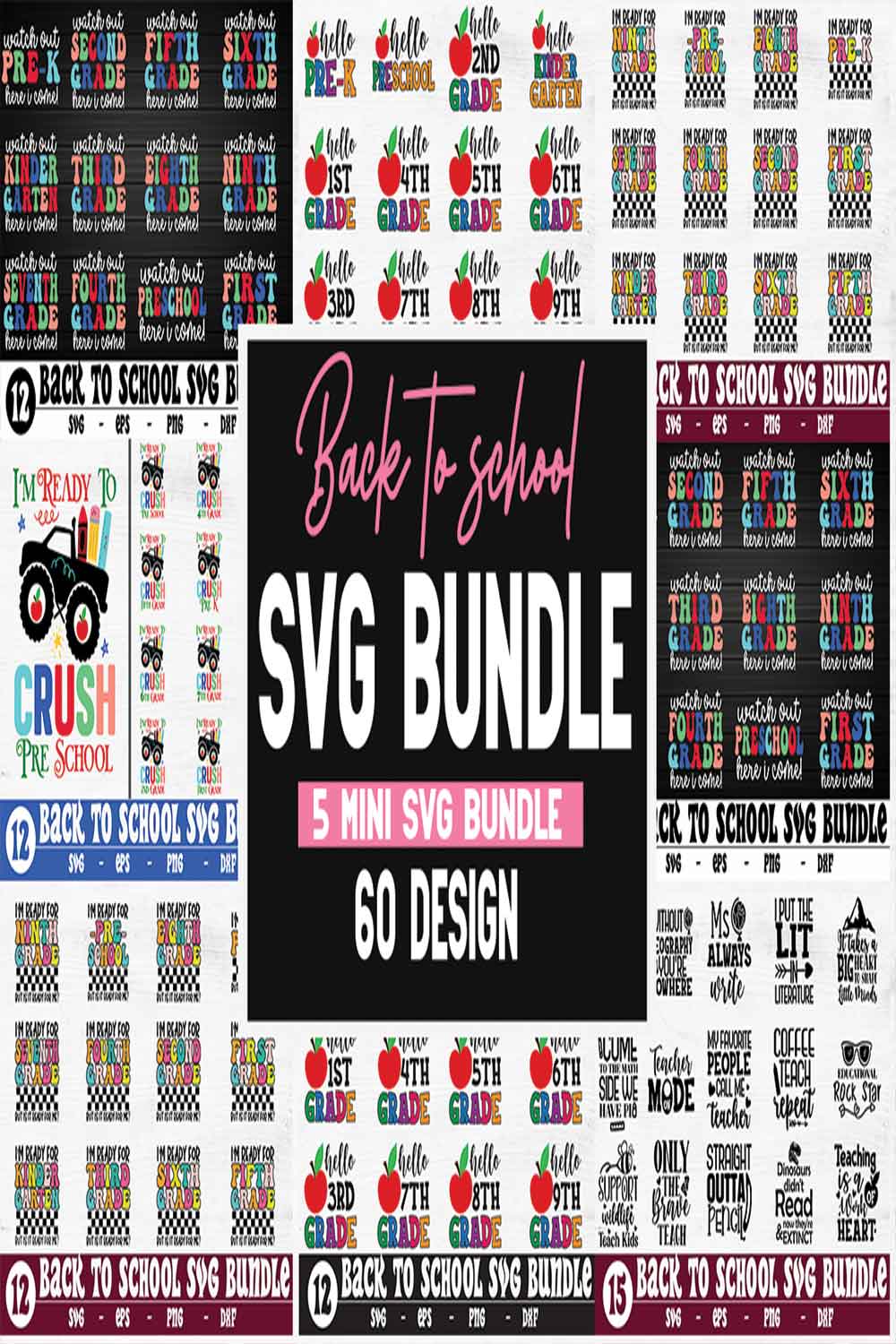 60 Back To School svg Mega Bundle, Teacher svg Bundle, 1st Day of School svg, Teacher shirt svg, Kindergarten, Pre-k, 1st Grade to 6th grade pinterest preview image.