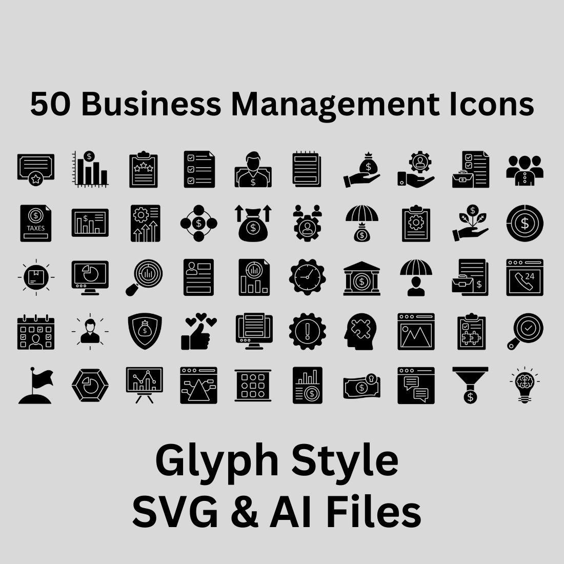 Business Management Icon Set 50 Glyph Icons - SVG And AI Files preview image.
