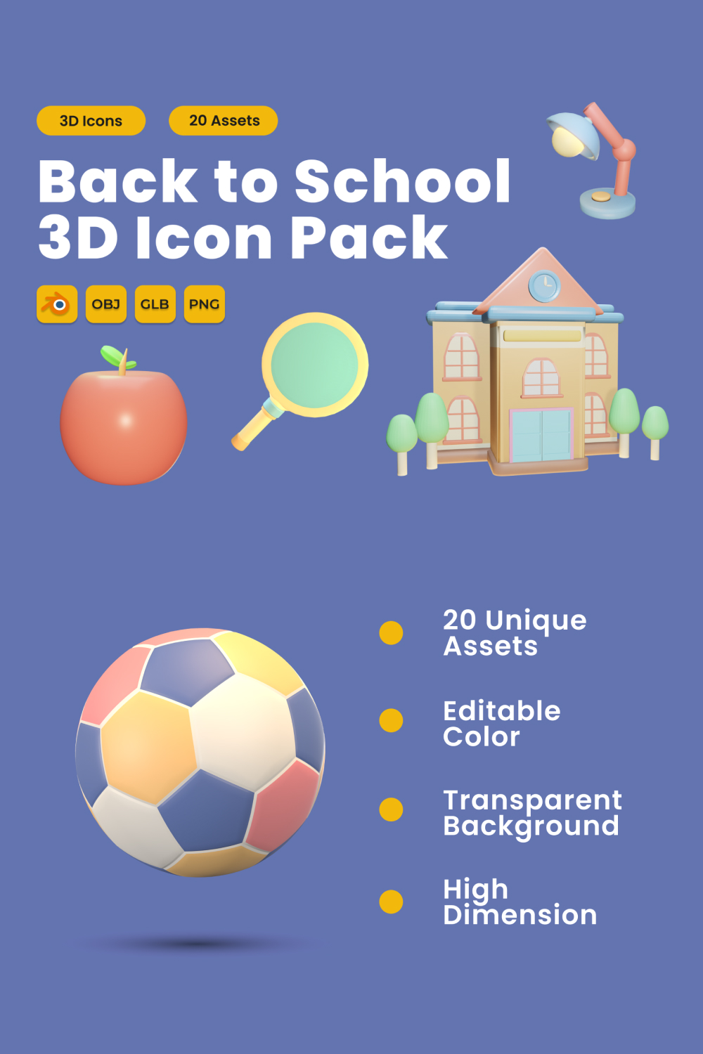 Back to School 3D Icon Pack Vol 6 pinterest preview image.