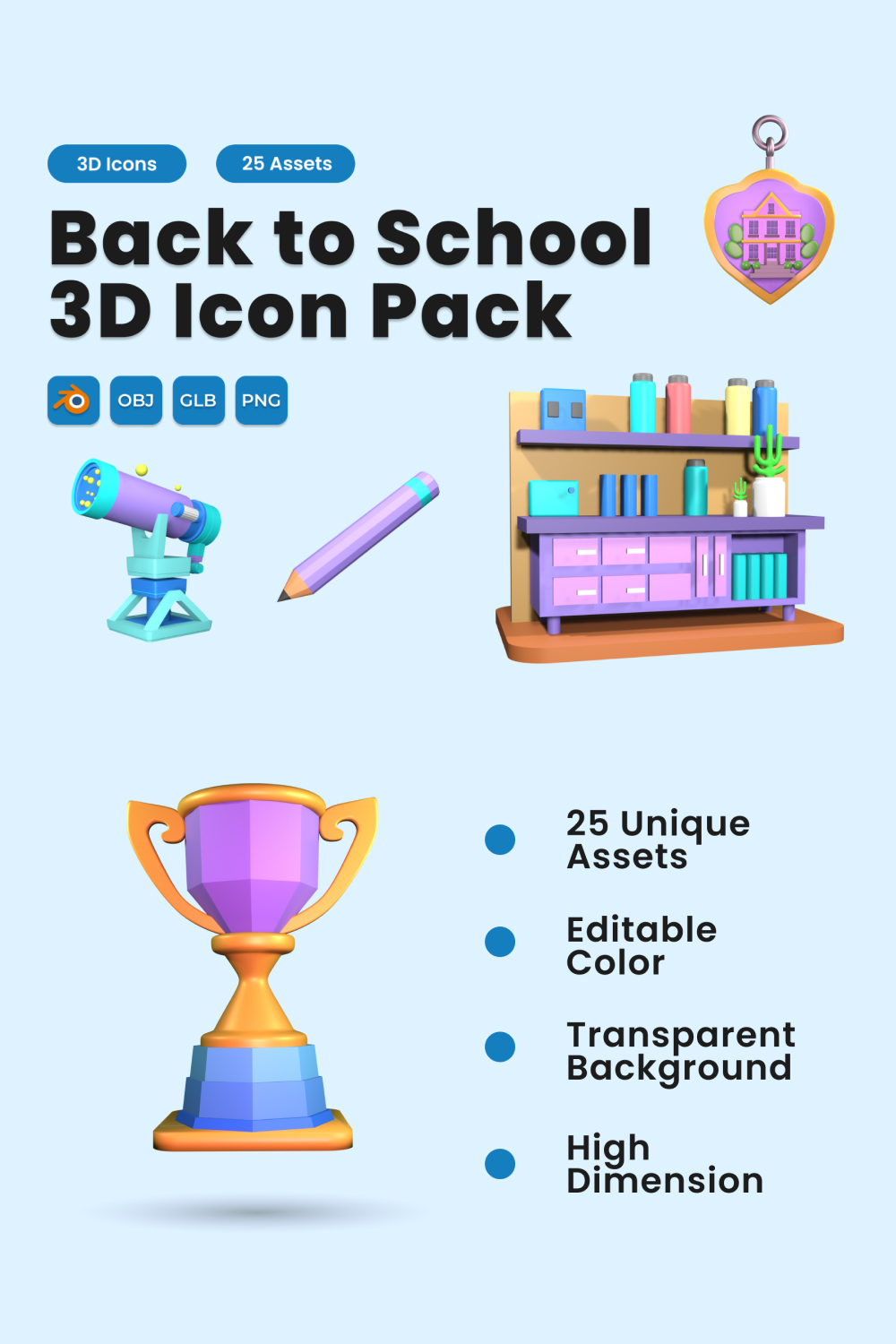 Back to School 3D Icon Pack Vol 3 pinterest preview image.