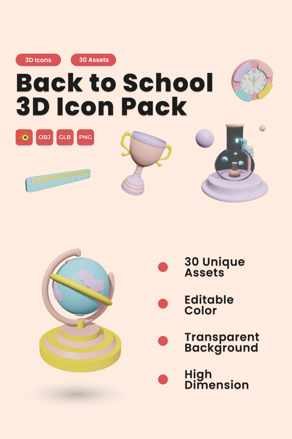 Back to School 3D Icon Pack Vol 1 pinterest preview image.