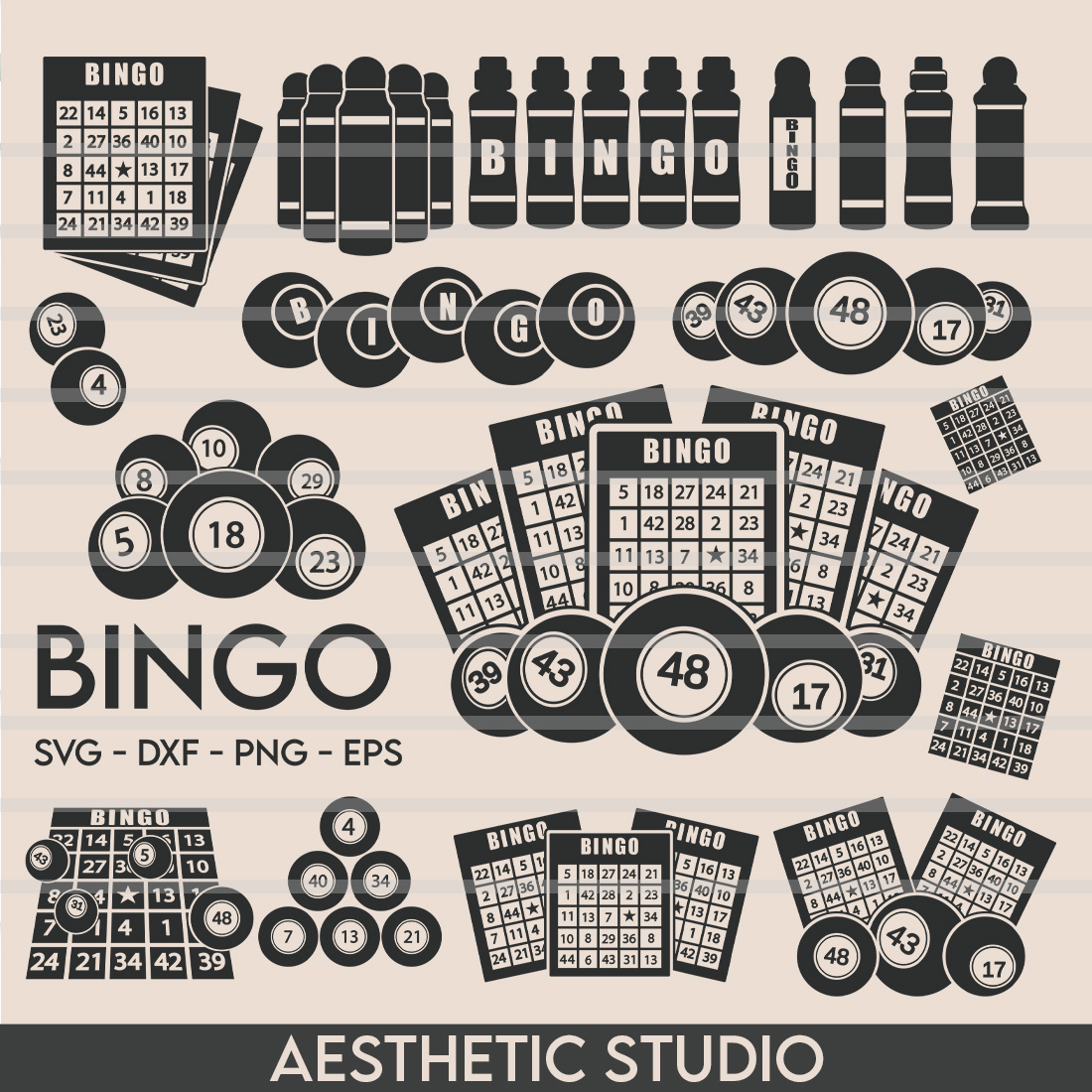 Bingo SVG, Bingo Cards Svg, Bingo, Bingo Daubers Svg, Bingo Balls Svg, Game Svg, Silhouette, Bingo Vector, Dxf, Png, Eps, Cut file Silhouette, Vector, Outline, Cut file cover image.