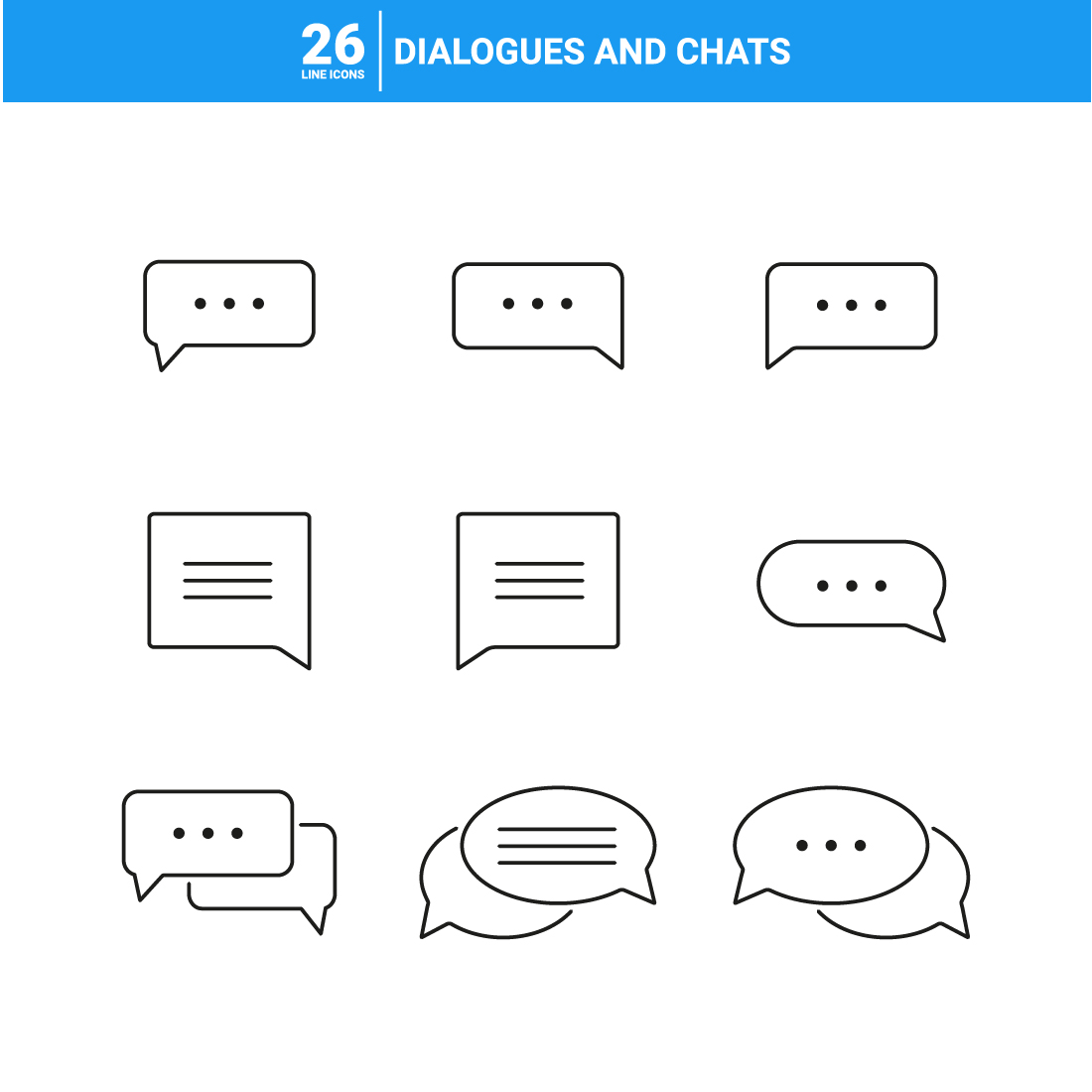 Set of 26 Dialogues and Chats Outline Icons preview image.