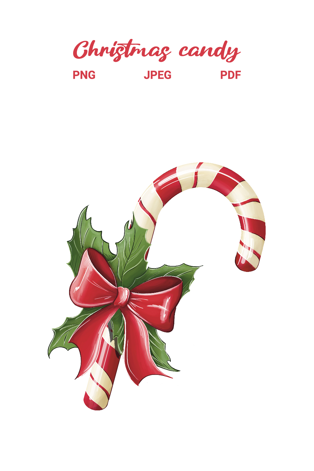 Christmas candy cane stick with red bow ribbon, poinsettia leaves and red bow Winter holiday sweets and Xmas lollipop isolated on background pinterest preview image.