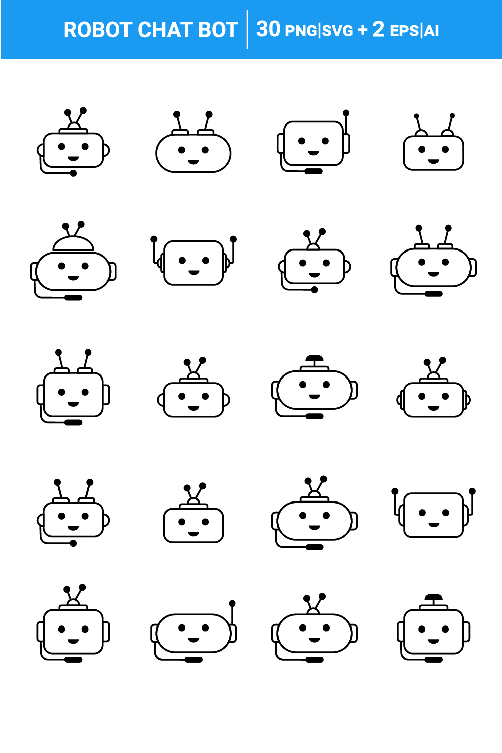 Set of 30 Robot and Chats Bot line Icons pinterest preview image.