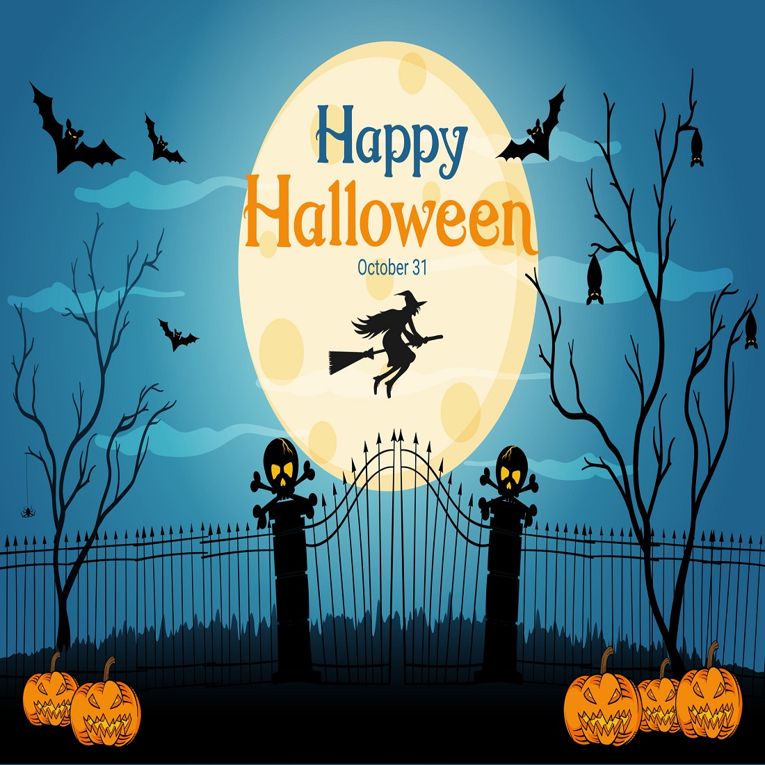 Blue gradient Halloween greeting banner with bat and preview image.