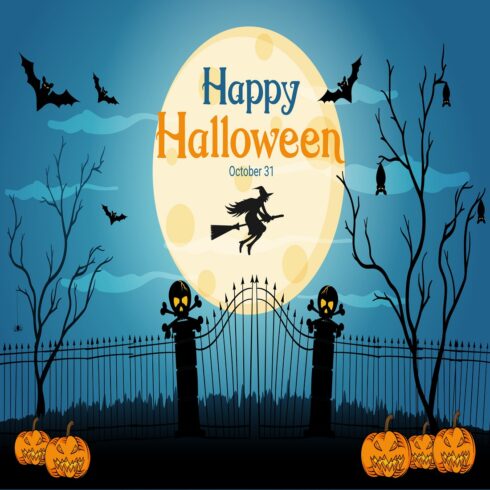 Blue gradient Halloween greeting banner with bat and cover image.