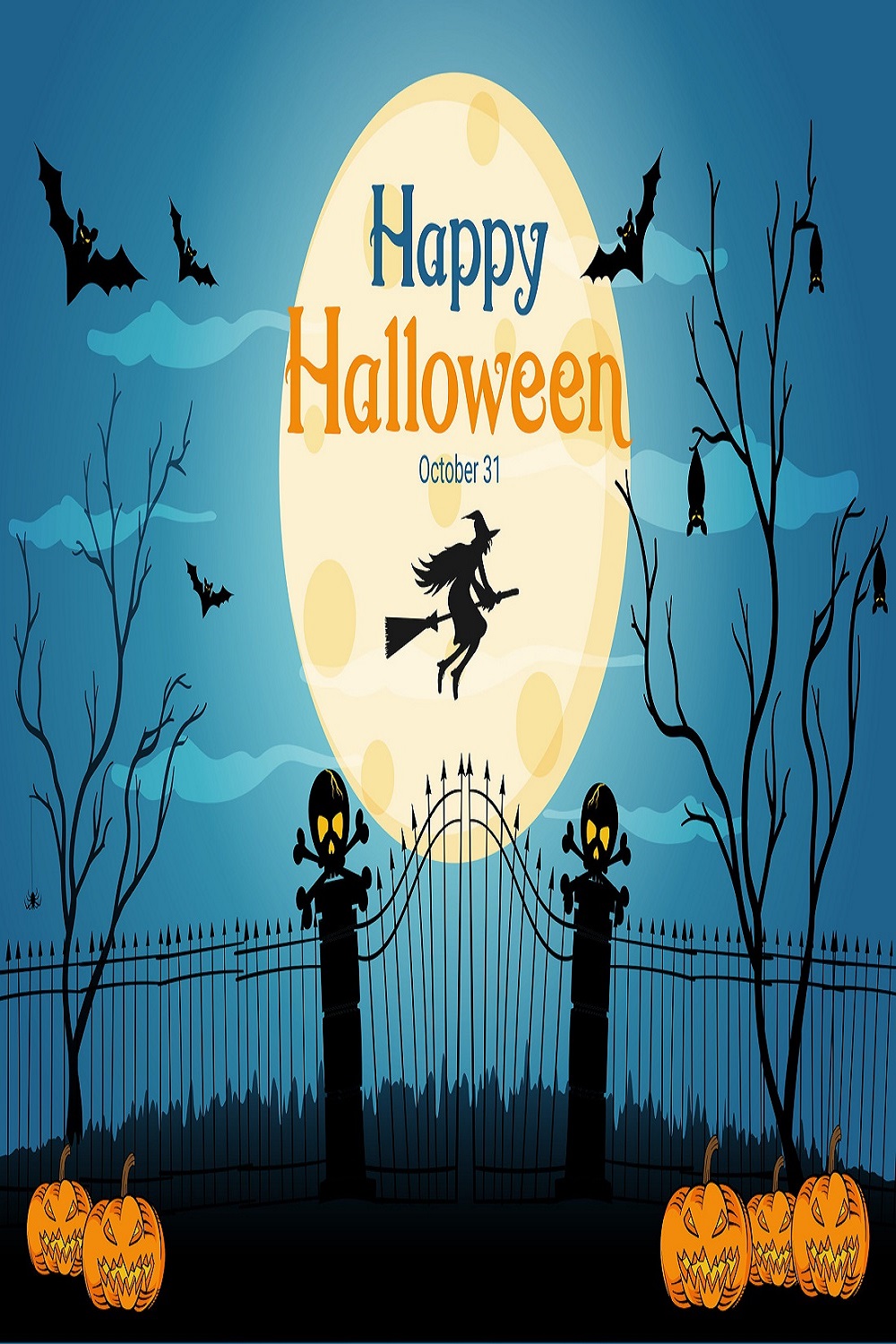 Blue gradient Halloween greeting banner with bat and pinterest preview image.