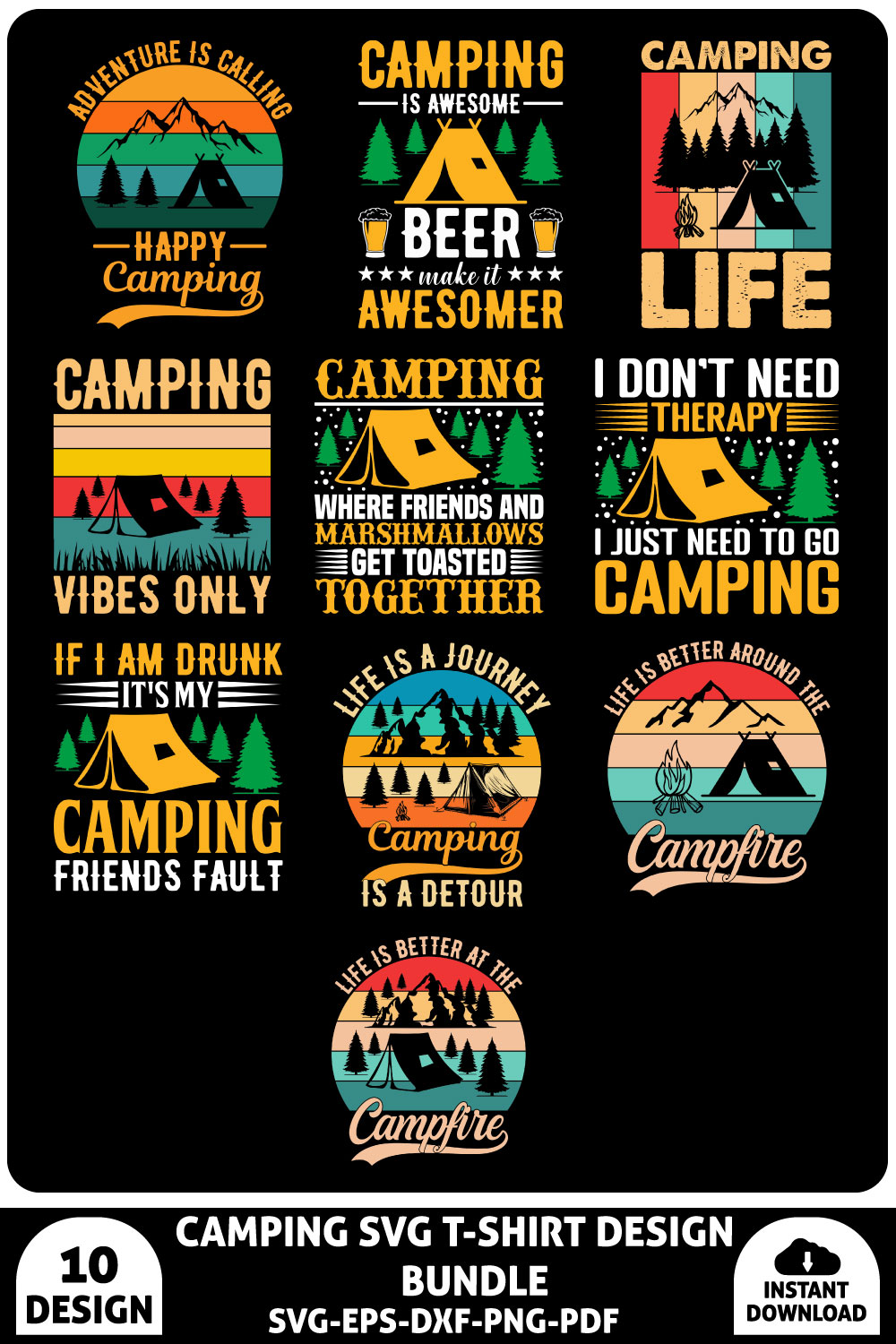 Camping SVG T-shirt Design Bundle pinterest preview image.