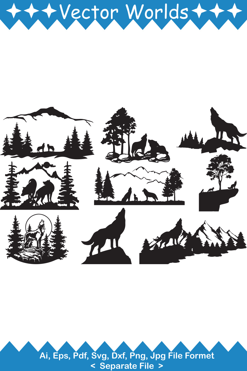 Wolf Mountain Scanary SVG Vector Design pinterest preview image.