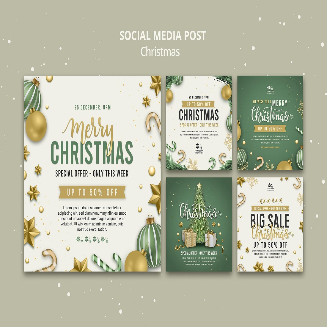 Christmas sale social media post design template preview image.