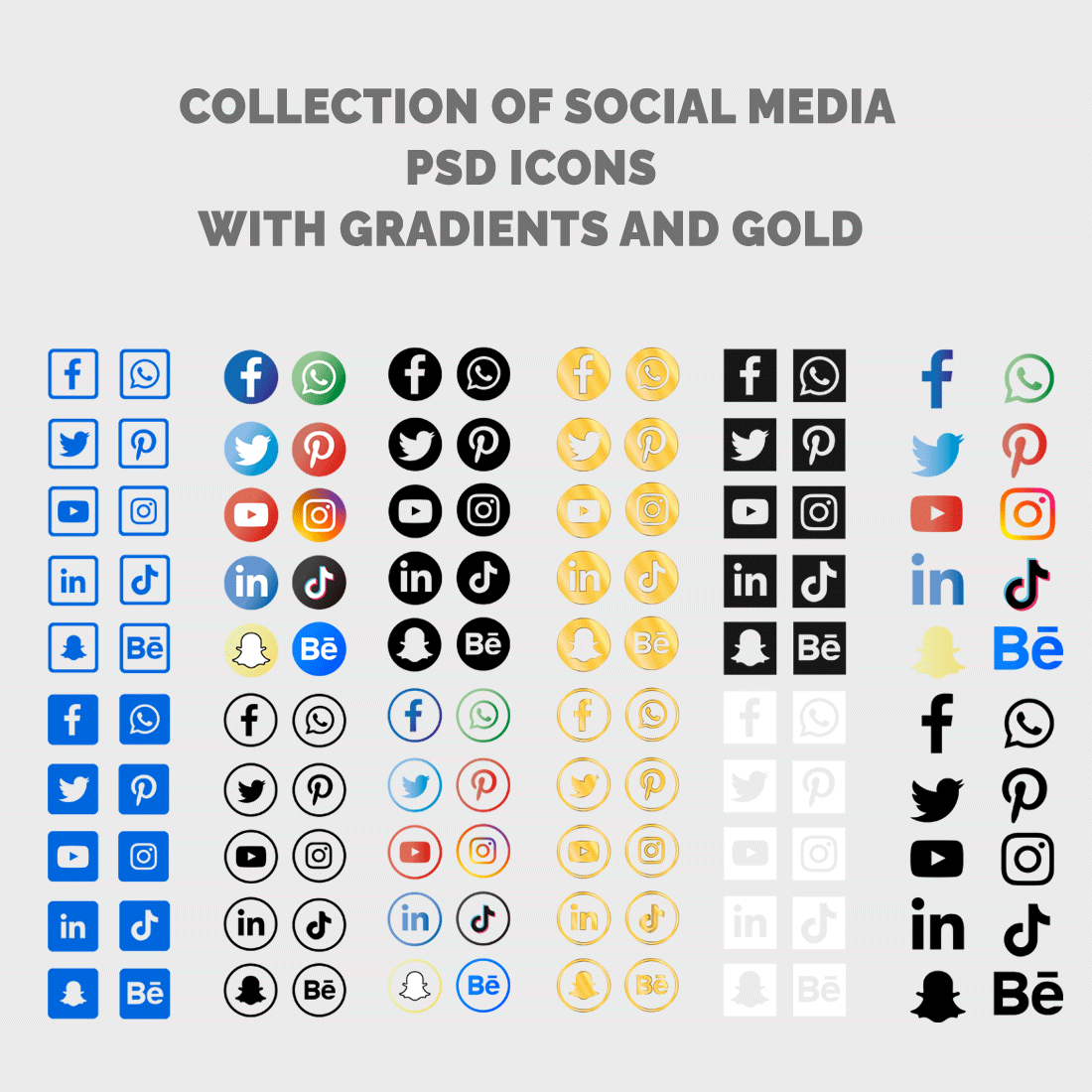Collection of social media psd icons with gradients and gold preview image.