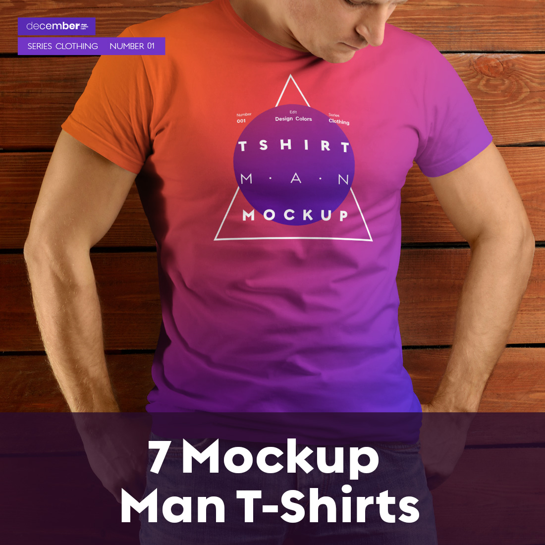 7 Mockup T-Shirt on the body of an athletic man on wooden background cover image.