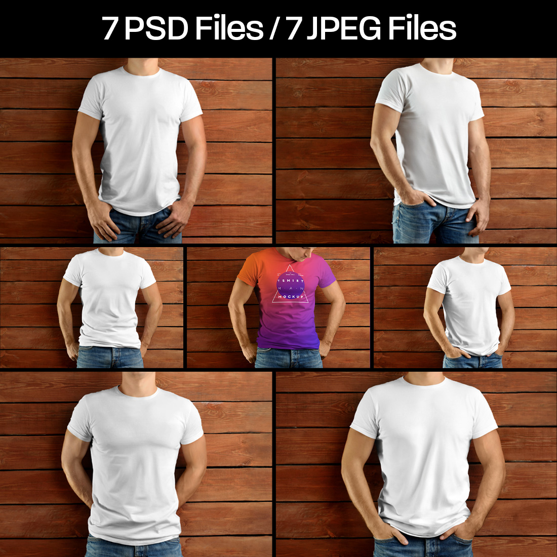 7 Mockup T-Shirt on the body of an athletic man on wooden background preview image.
