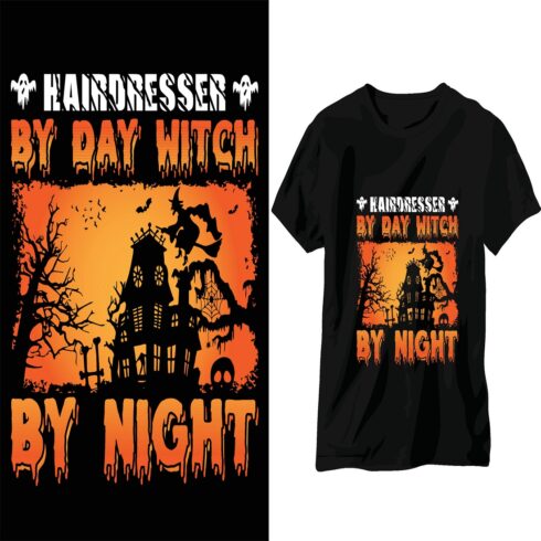 Hairdresser by day witch by Night Halloween t-shirt design cover image.