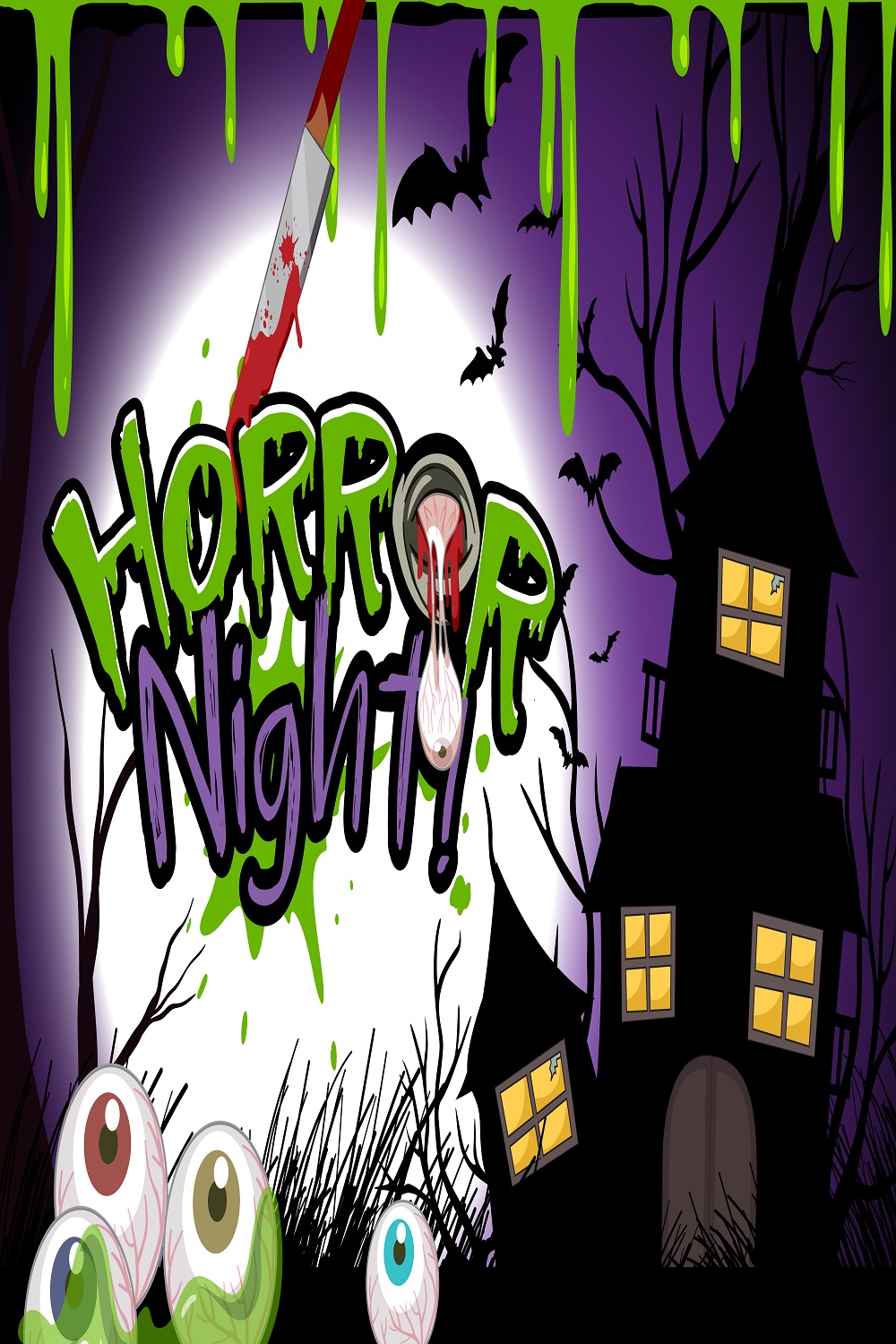 Halloween poster with haunted house silhouette pinterest preview image.