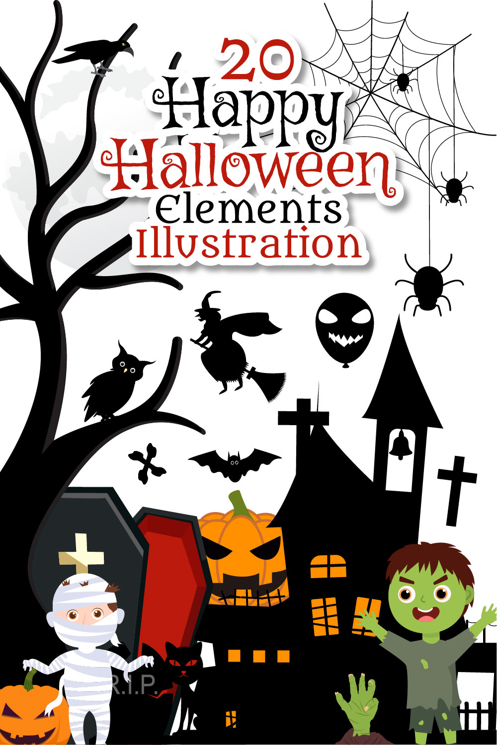 20 Set Halloween Elements Vector Illustration pinterest preview image.