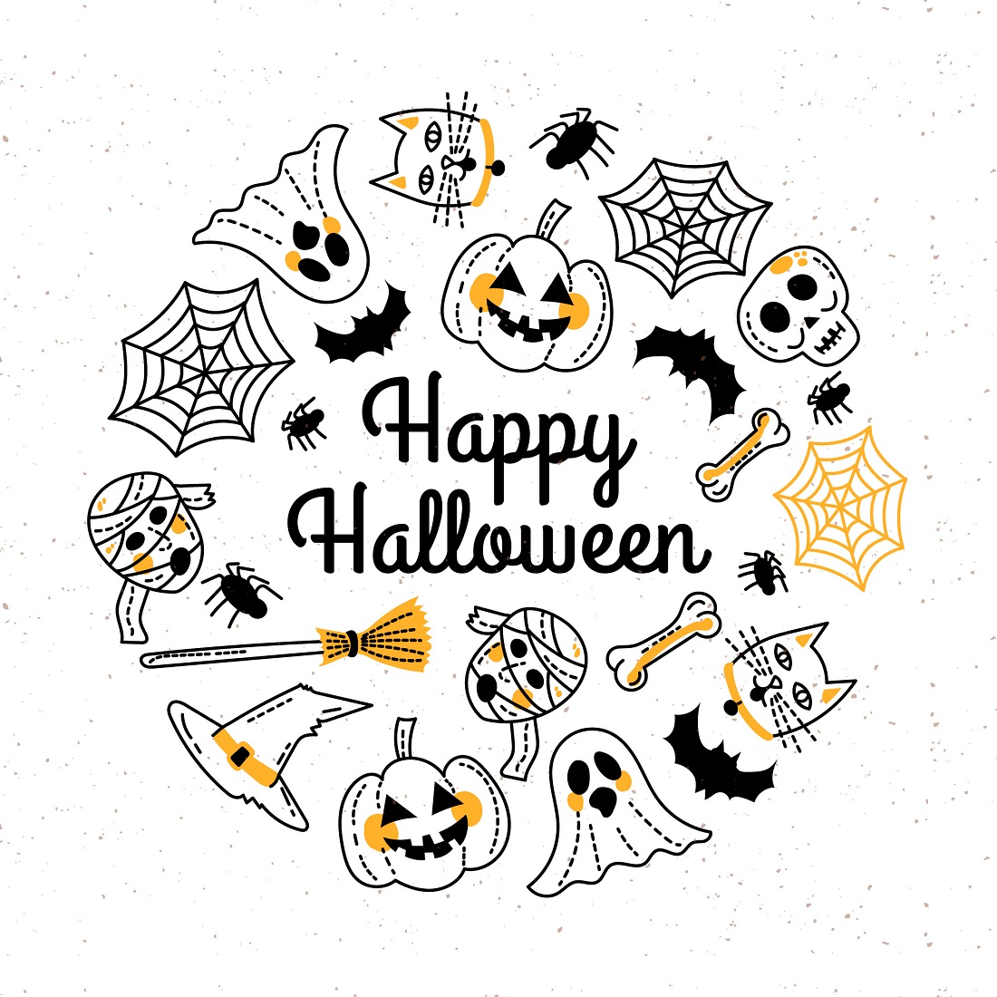 Hand drawn happy Halloween greeting card template preview image.