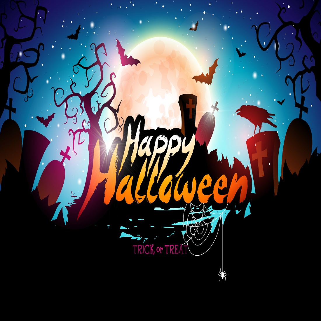 Happy Halloween illustration with crow flying bats night cemetery background preview image.