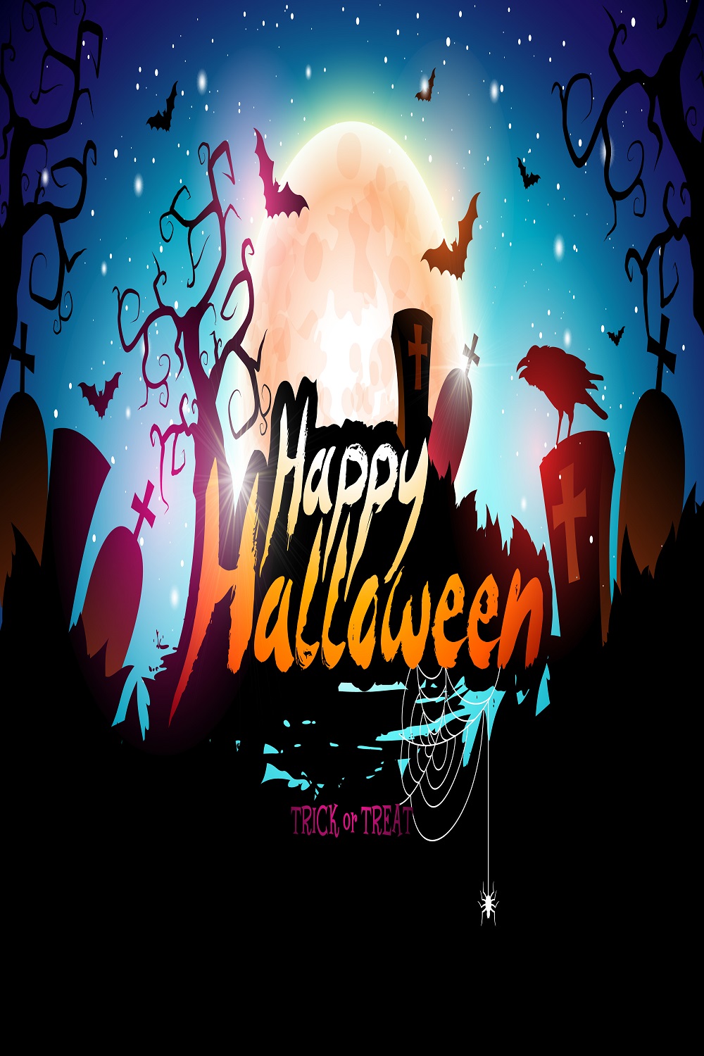 Happy Halloween illustration with crow flying bats night cemetery background pinterest preview image.