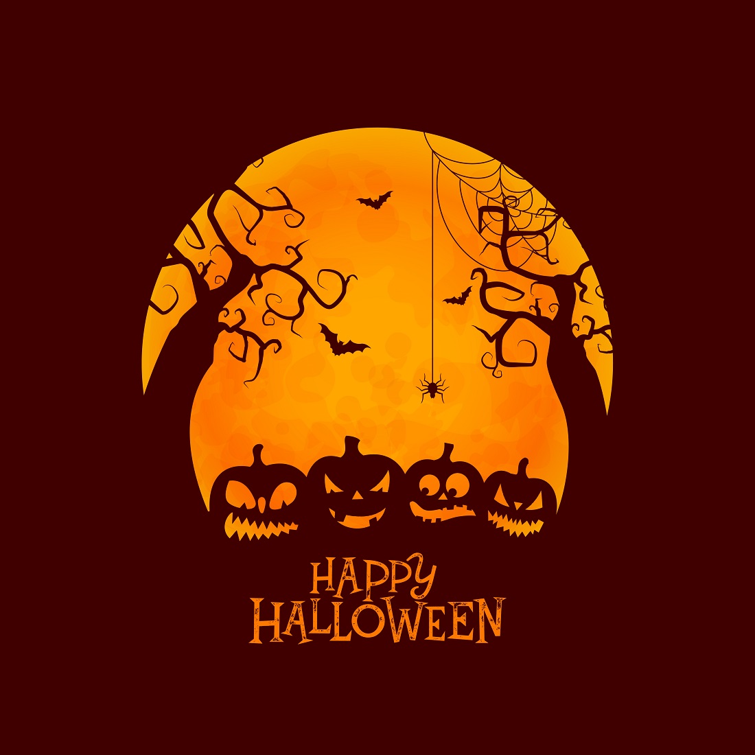 happy halloween illustration with cute scary pumpkin flying bats orange moon background 998