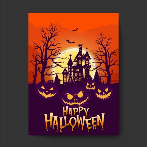 Happy Halloween party invitation background with night clouds scary castle cover image.