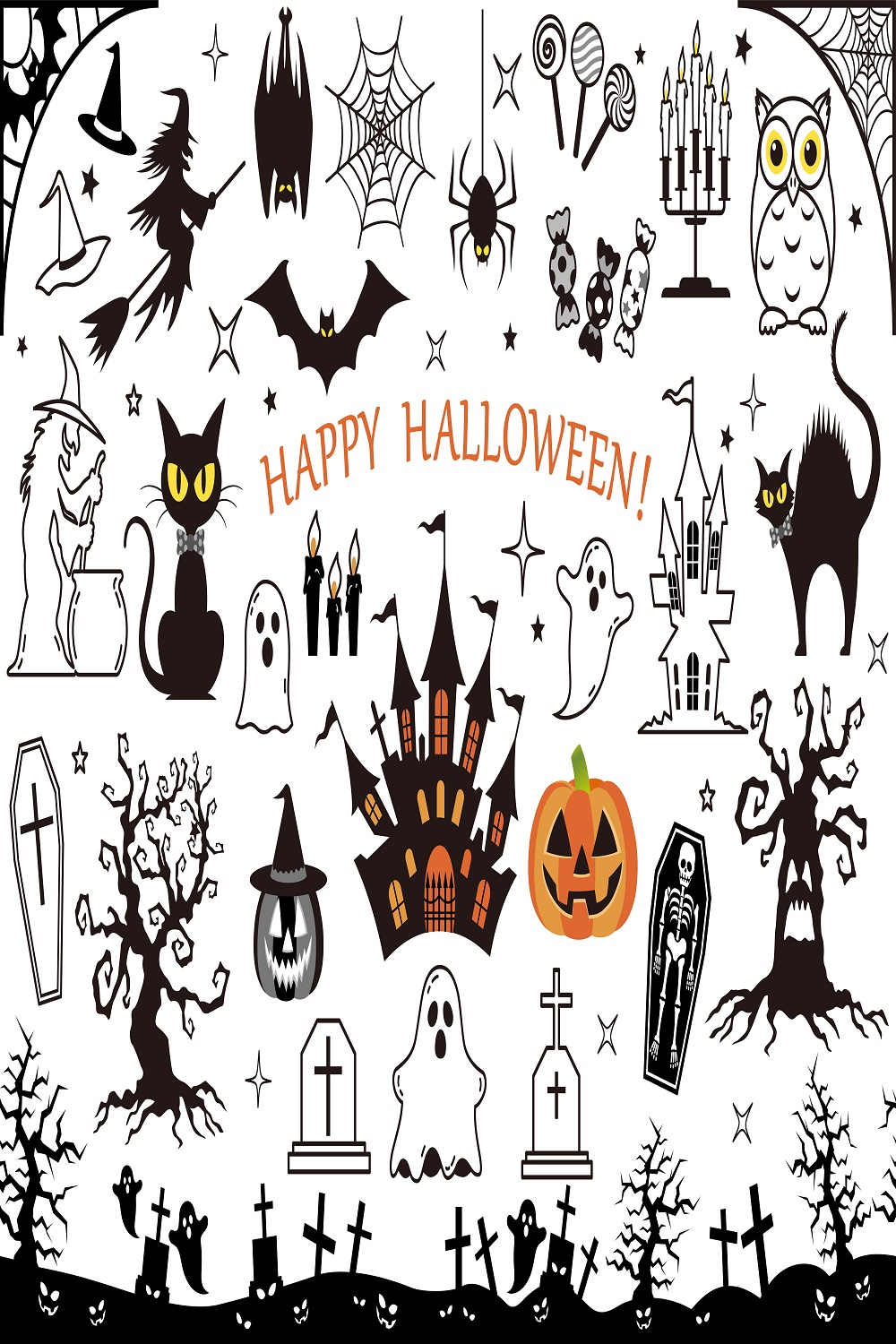 Happy Halloween vector design element set isolated white background pinterest preview image.