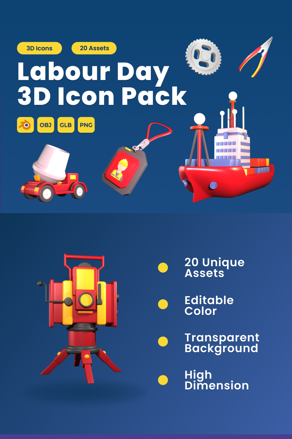 Labour Day 3D Icon Pack Vol 4 pinterest preview image.