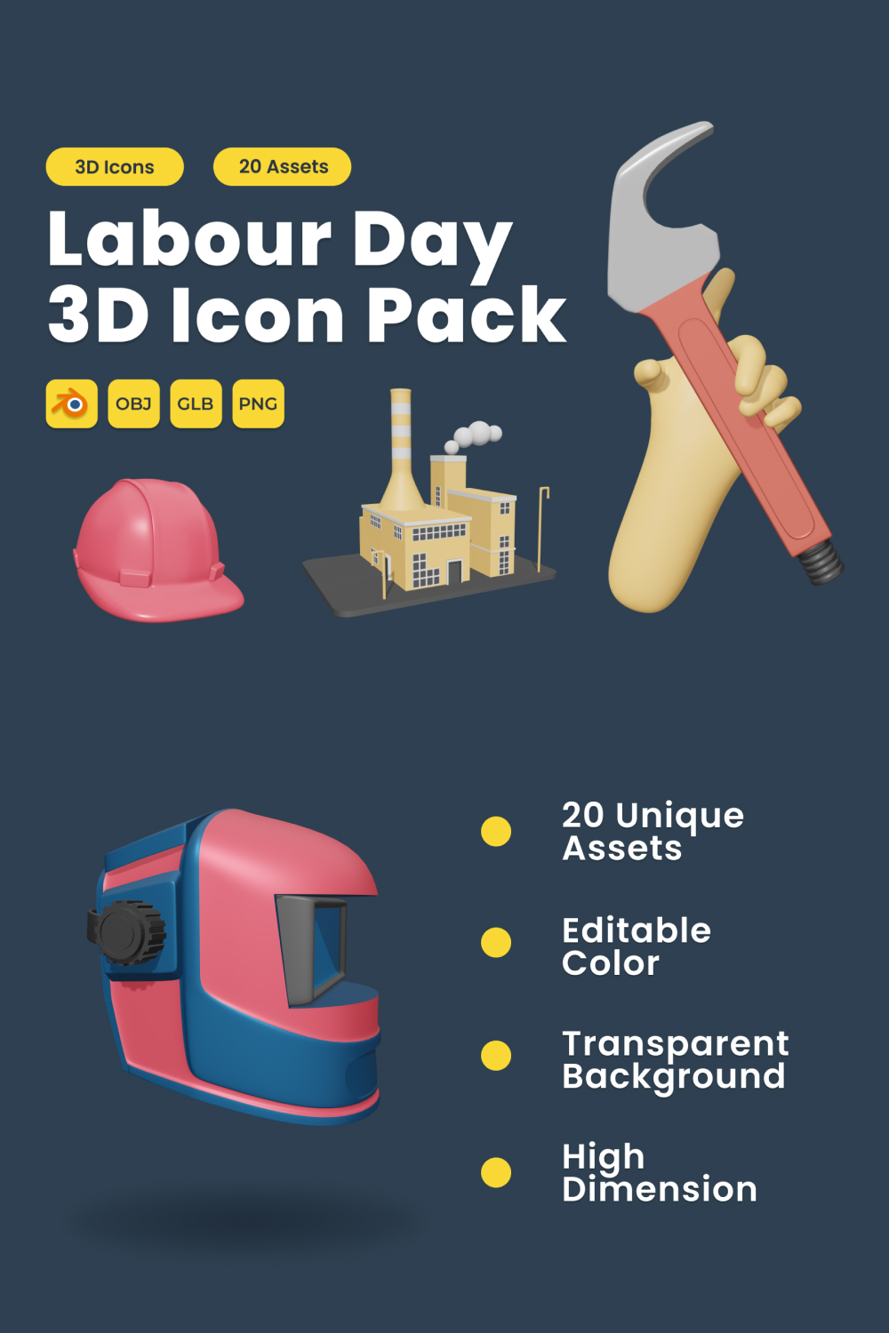 Labour Day 3D Icon Pack Vol 7 pinterest preview image.