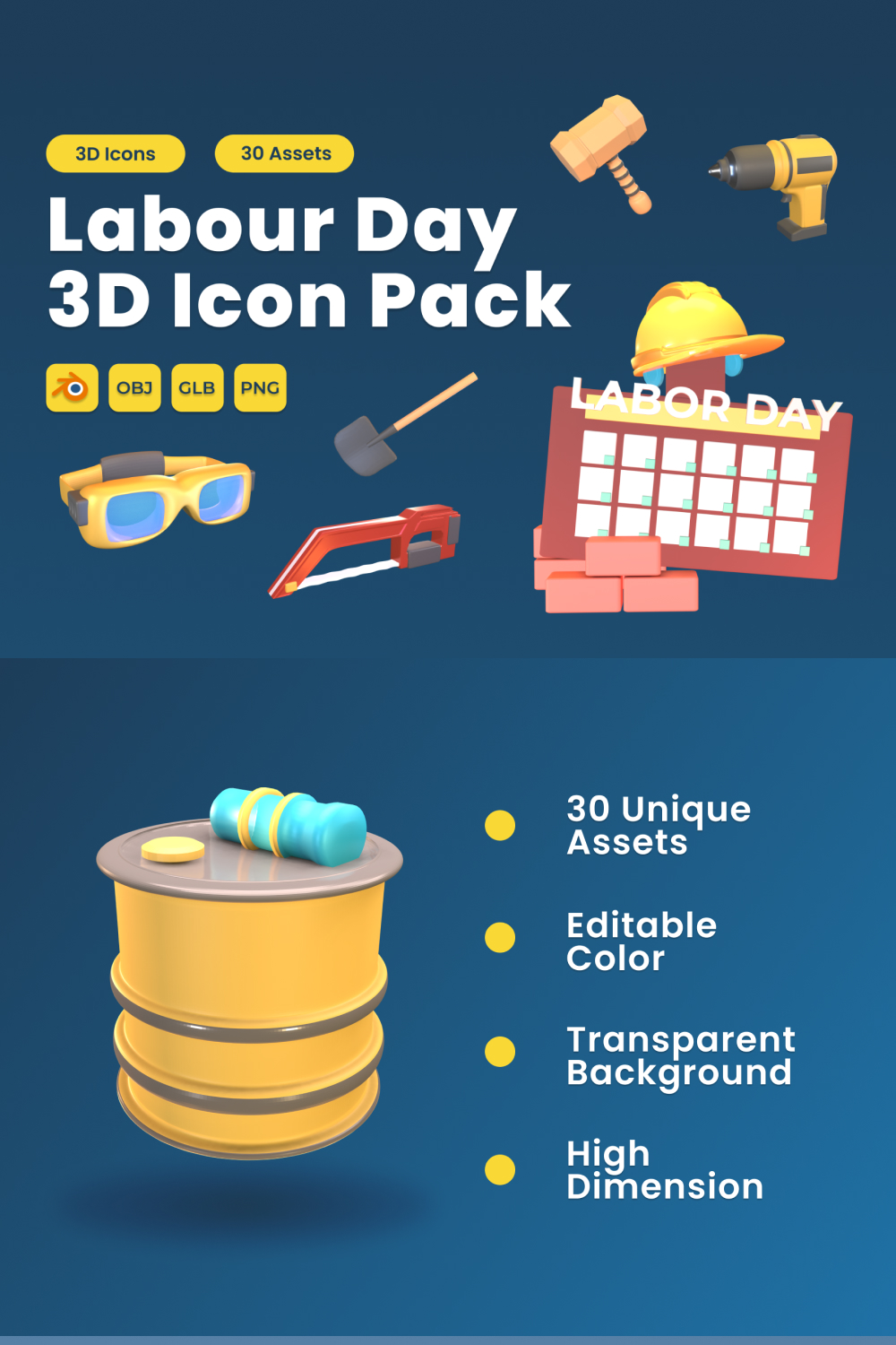 Labour Day 3D Icon Pack Vol 5 pinterest preview image.