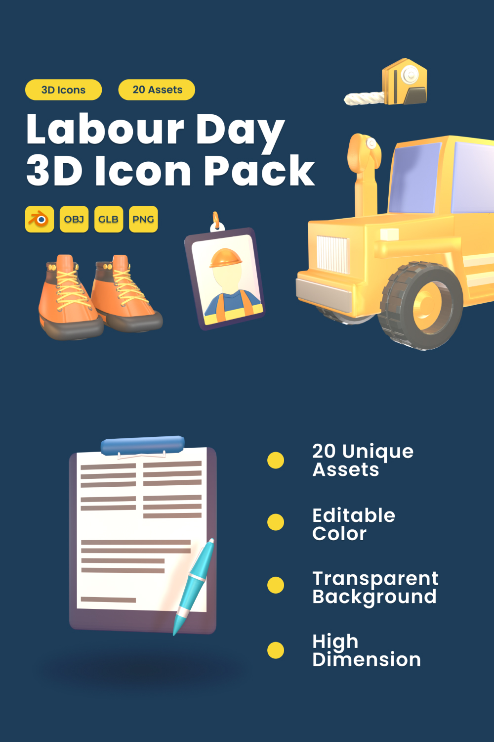 Labour Day 3D Icon Pack Vol 12 pinterest preview image.