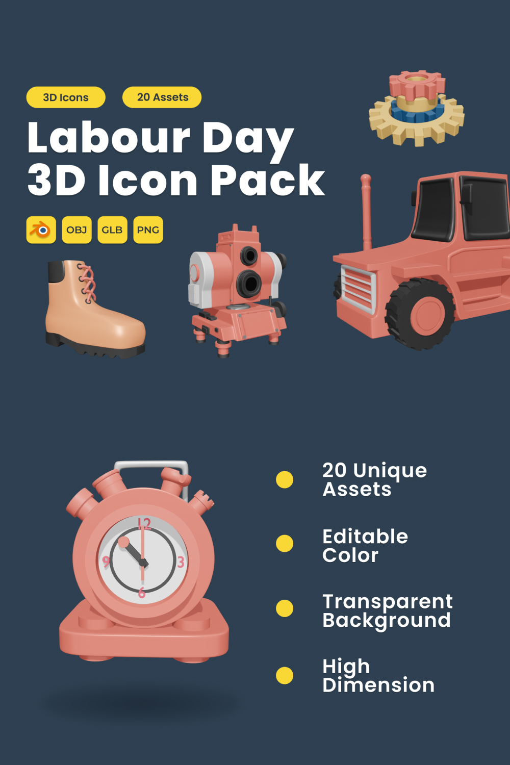 Labour Day 3D Icon Pack Vol 8 pinterest preview image.