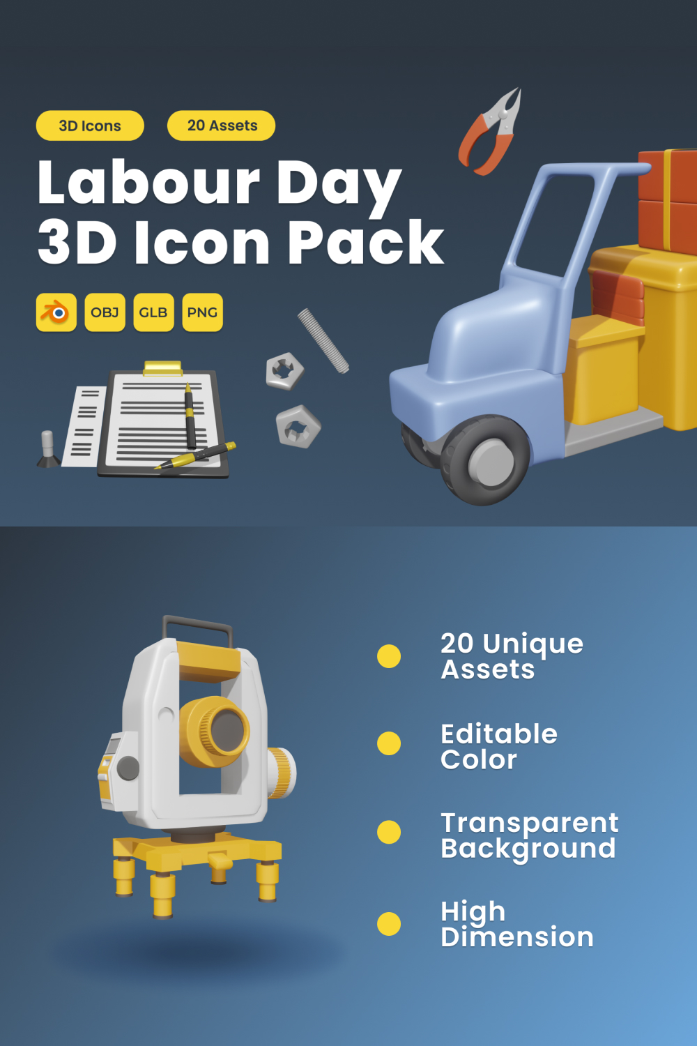 Labour Day 3D Icon Pack Vol 2 pinterest preview image.