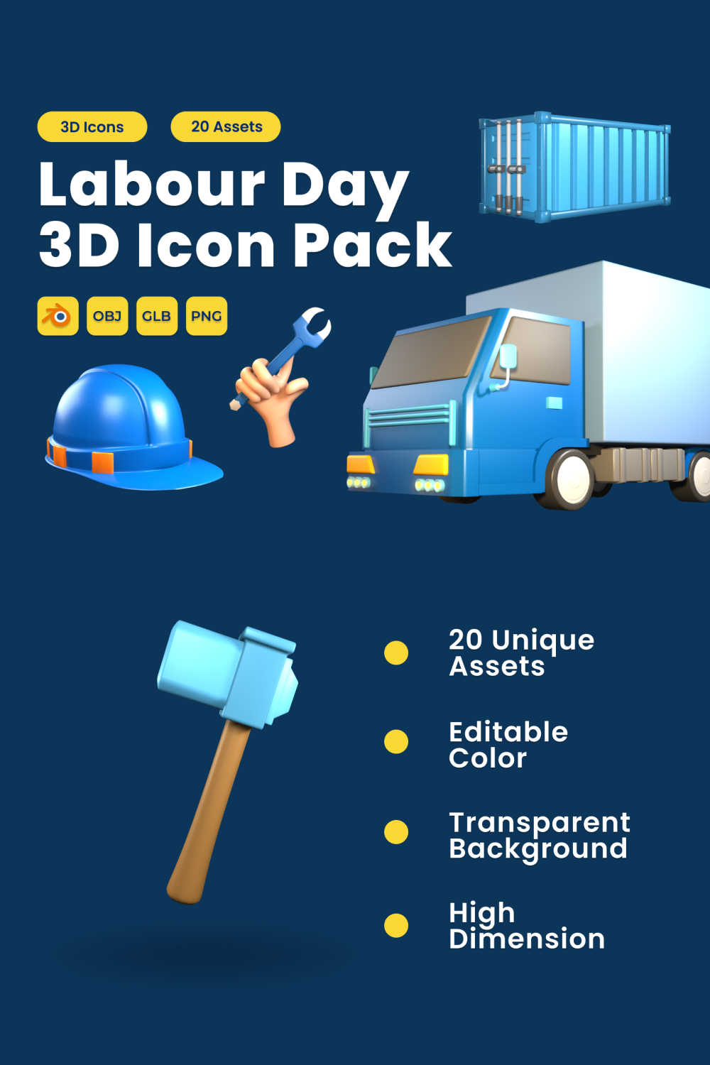Labour Day 3D Icon Pack Vol 9 pinterest preview image.
