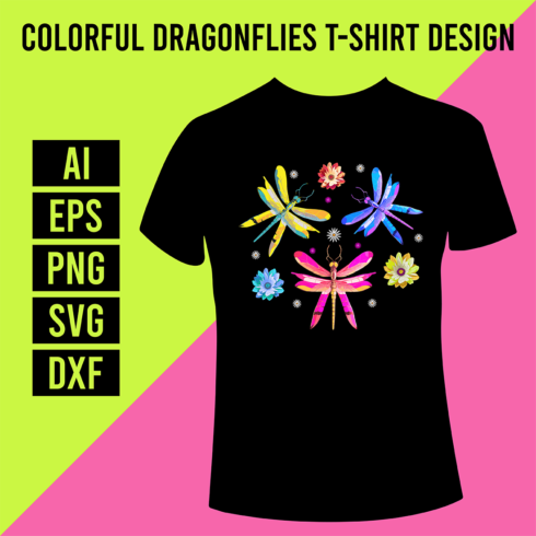 Colorful Dragonflies T-Shirt Design cover image.