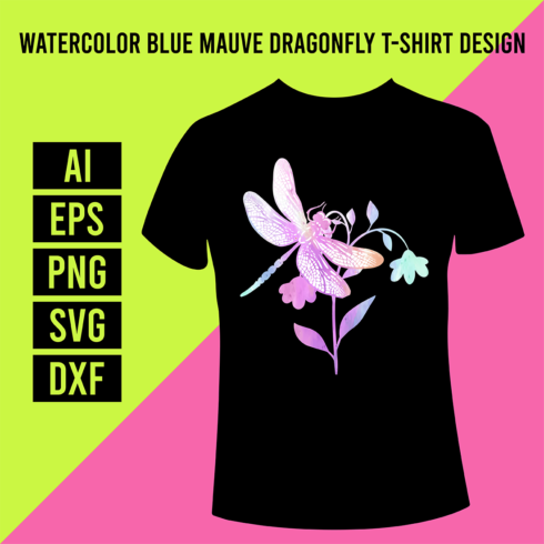 Watercolor Blue Mauve Dragonfly T-Shirt Design cover image.