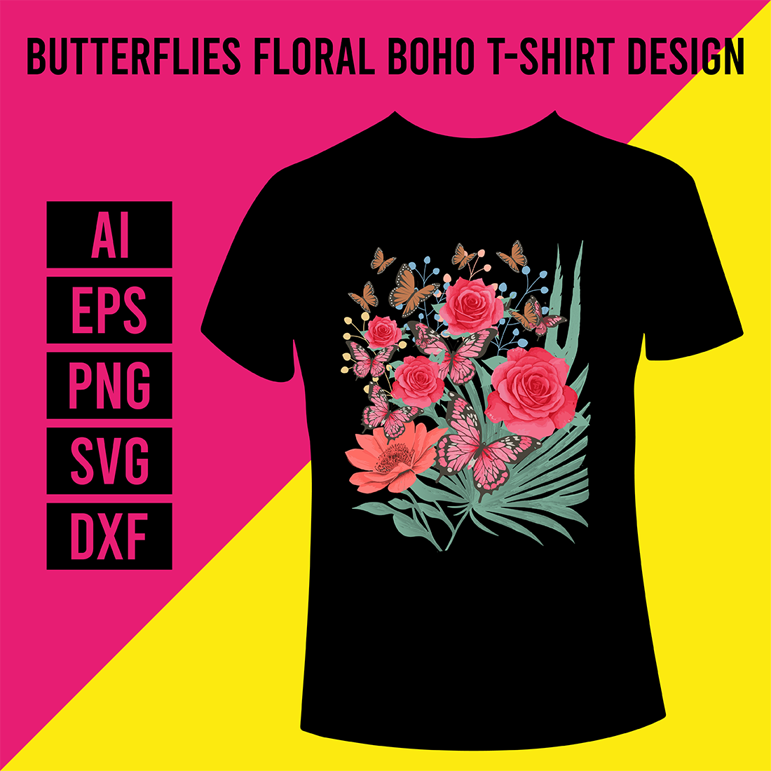 Butterflies Floral Boho T-Shirt Design cover image.