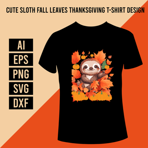 Cute Sloth Fall Leaves Thanksgiving T-Shirt Design cover image.
